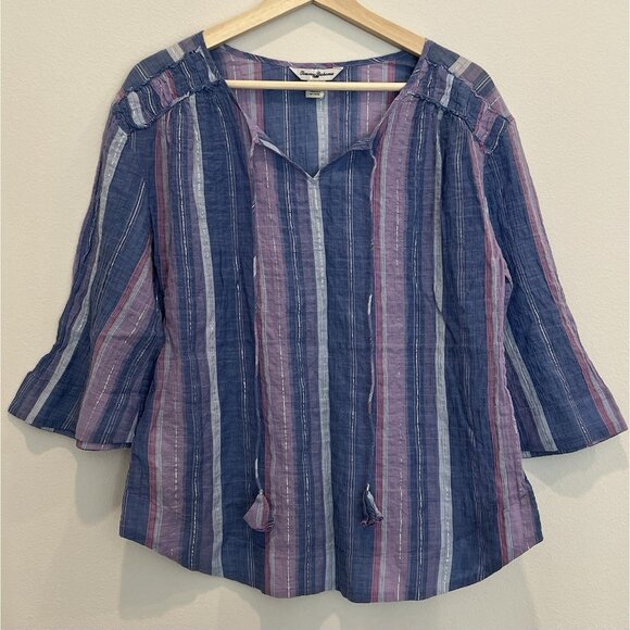 Tommy Bahama Women’s Blouse Small Blue purple Metalic Striped 3/4 Sleeve Coastal - Picture 3 of 12